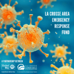 The official logo of the La Crosse Area Emergency Response Fund, featuring the logos of both La Crosse Community Foundation and Great Rivers United Way, and a cute, orange COVID virus molecule